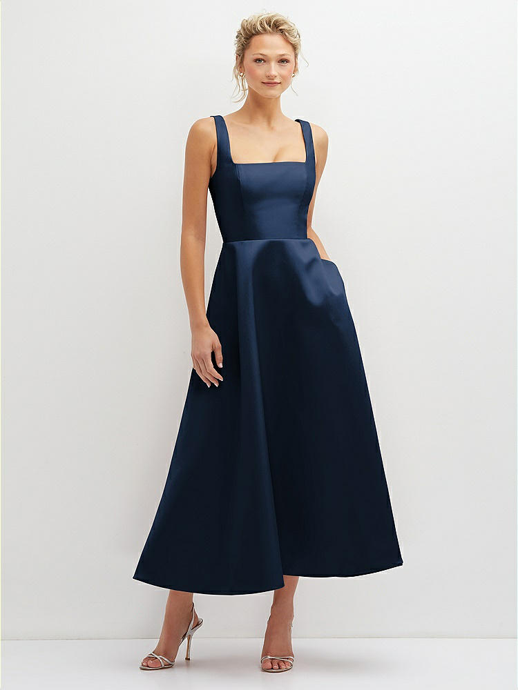 Square Neck Satin Midi Dress with Full Skirt & Pockets in  Midnight Navy