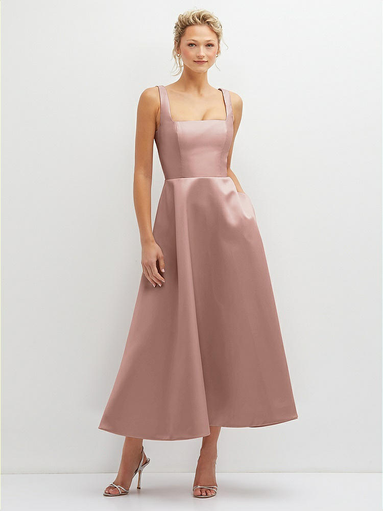 Square Neck Satin Midi Dress with Full Skirt & Pockets in  Neu Nude