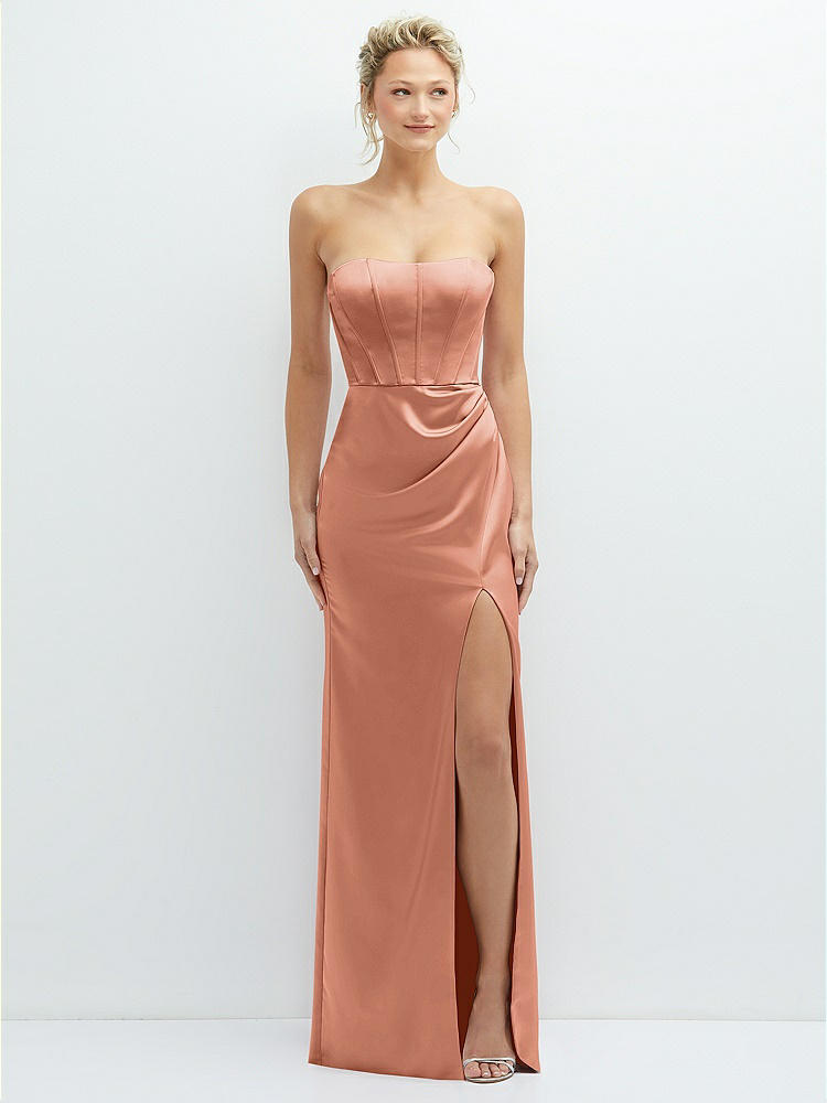 Strapless Topstitched Corset Satin Maxi Dress with Draped Column Skirt in  Copper Penny