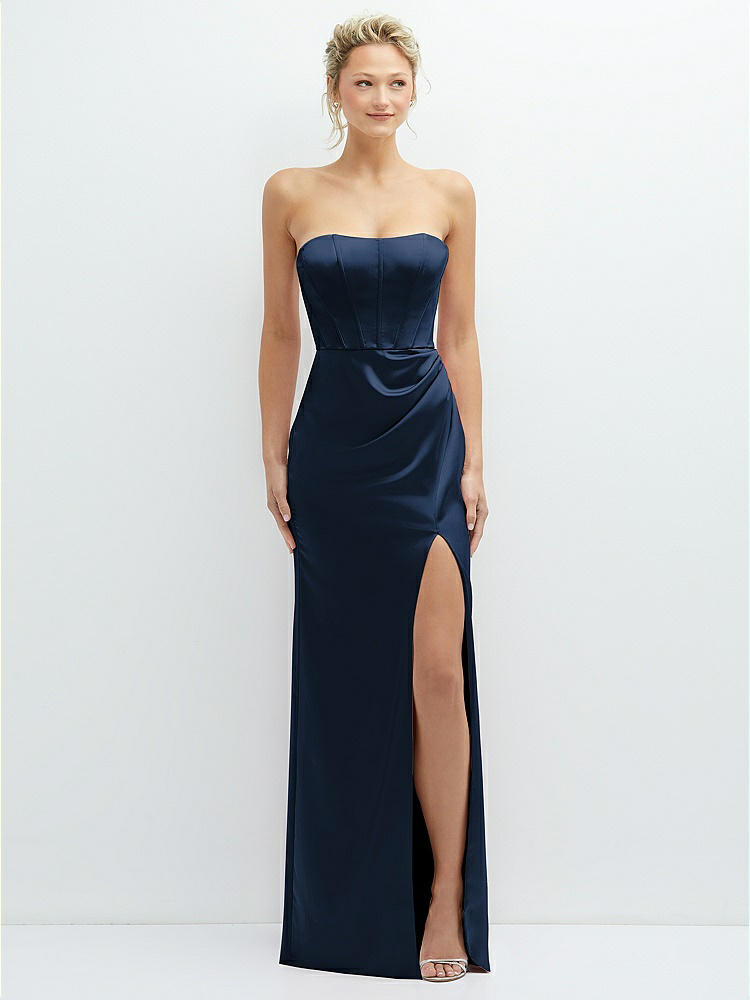 Strapless Topstitched Corset Satin Maxi Dress with Draped Column Skirt in  Midnight Navy