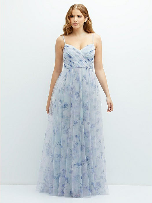 Floral Ruched Wrap Bodice Tulle Bridesmaid Dress With Long Full 
