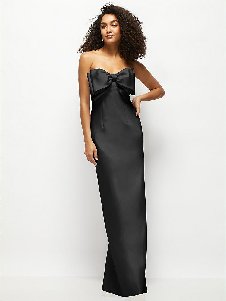 Strapless Satin Column Maxi Dress with Oversized Handcrafted Bow in  Black