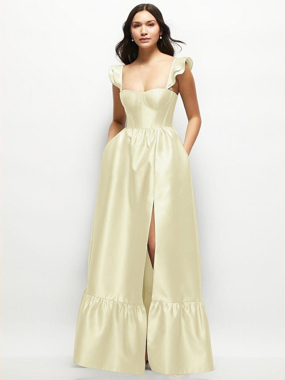 yellow ruffle bridesmaid dress Off The Shoulder Ruffles Satin Yellow Long Bridesmaid Dress Custom Size / Yellow main image 1