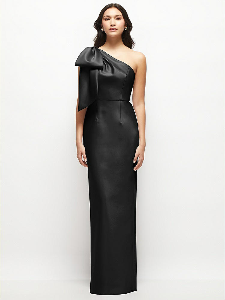 Oversized Bow One-Shoulder Satin Column Maxi Dress in  Black