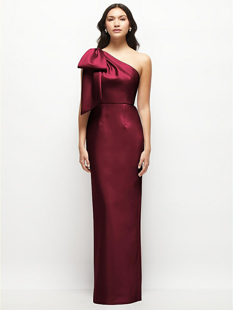 Oversized Bow One-Shoulder Satin Column Maxi Dress in  Cabernet