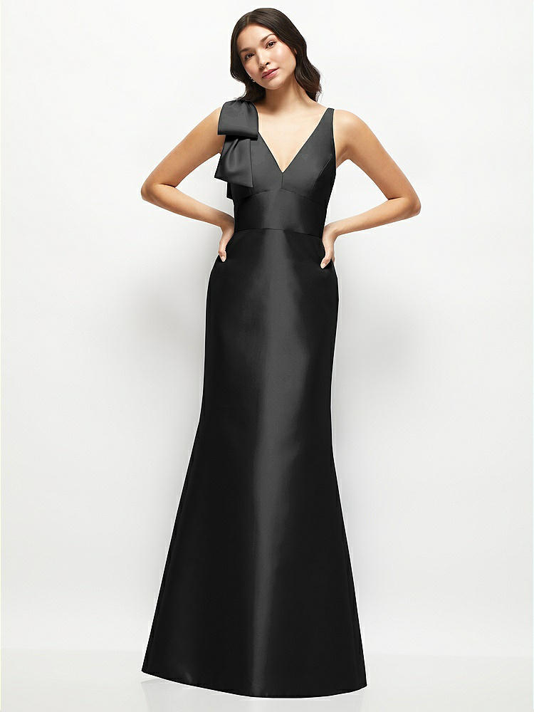 Deep V-back Satin Trumpet Dress with Cascading Bow at One Shoulder in  Black