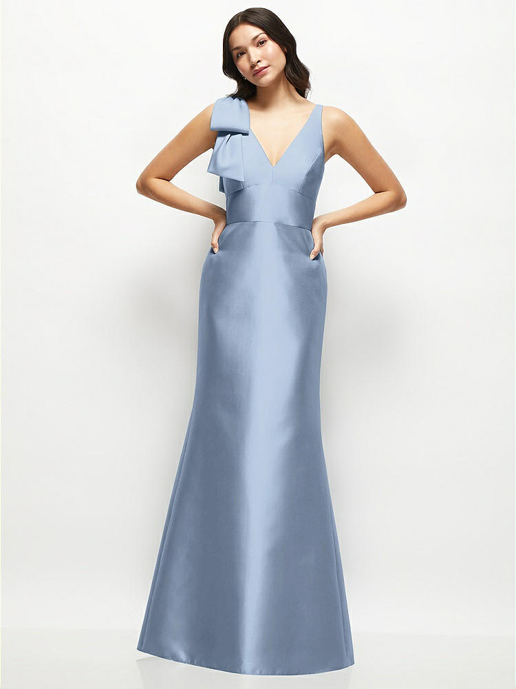 Deep V-back Satin Trumpet Dress with Cascading Bow at One Shoulder in  Cloudy