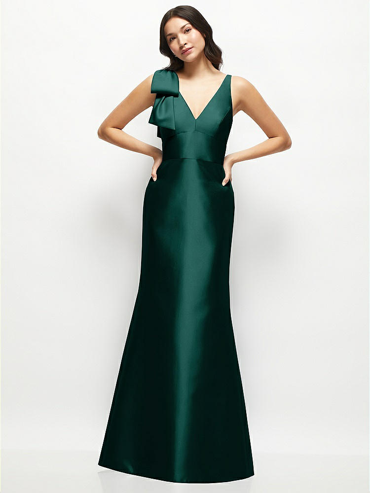 Deep V-back Satin Trumpet Dress with Cascading Bow at One Shoulder in  Evergreen