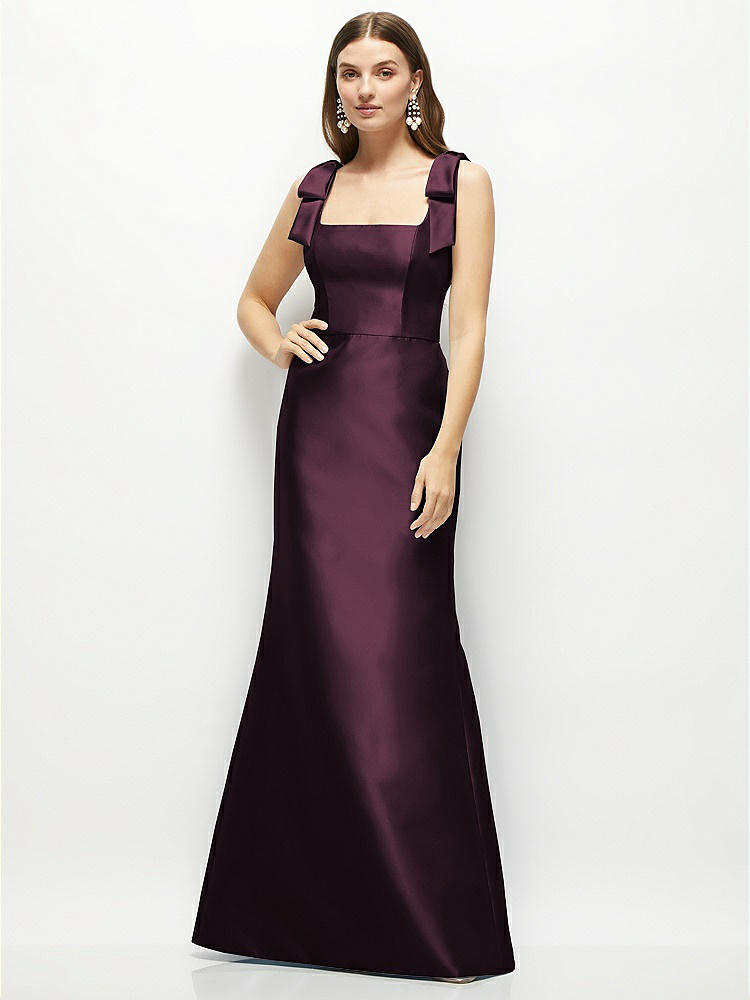 Satin Fit and Flare Maxi Dress with Shoulder Bows in  Deep Plum
