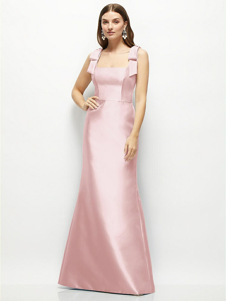 Satin Fit and Flare Maxi Dress with Shoulder Bows in  Ballet Pink