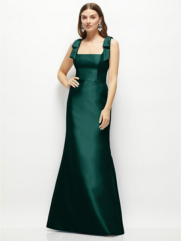 Satin Fit and Flare Maxi Dress with Shoulder Bows in  Evergreen