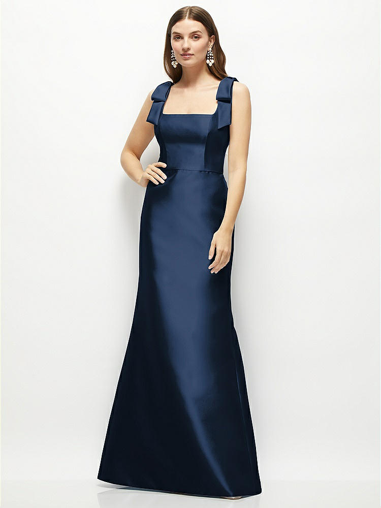 Satin Fit and Flare Maxi Dress with Shoulder Bows in  Midnight Navy