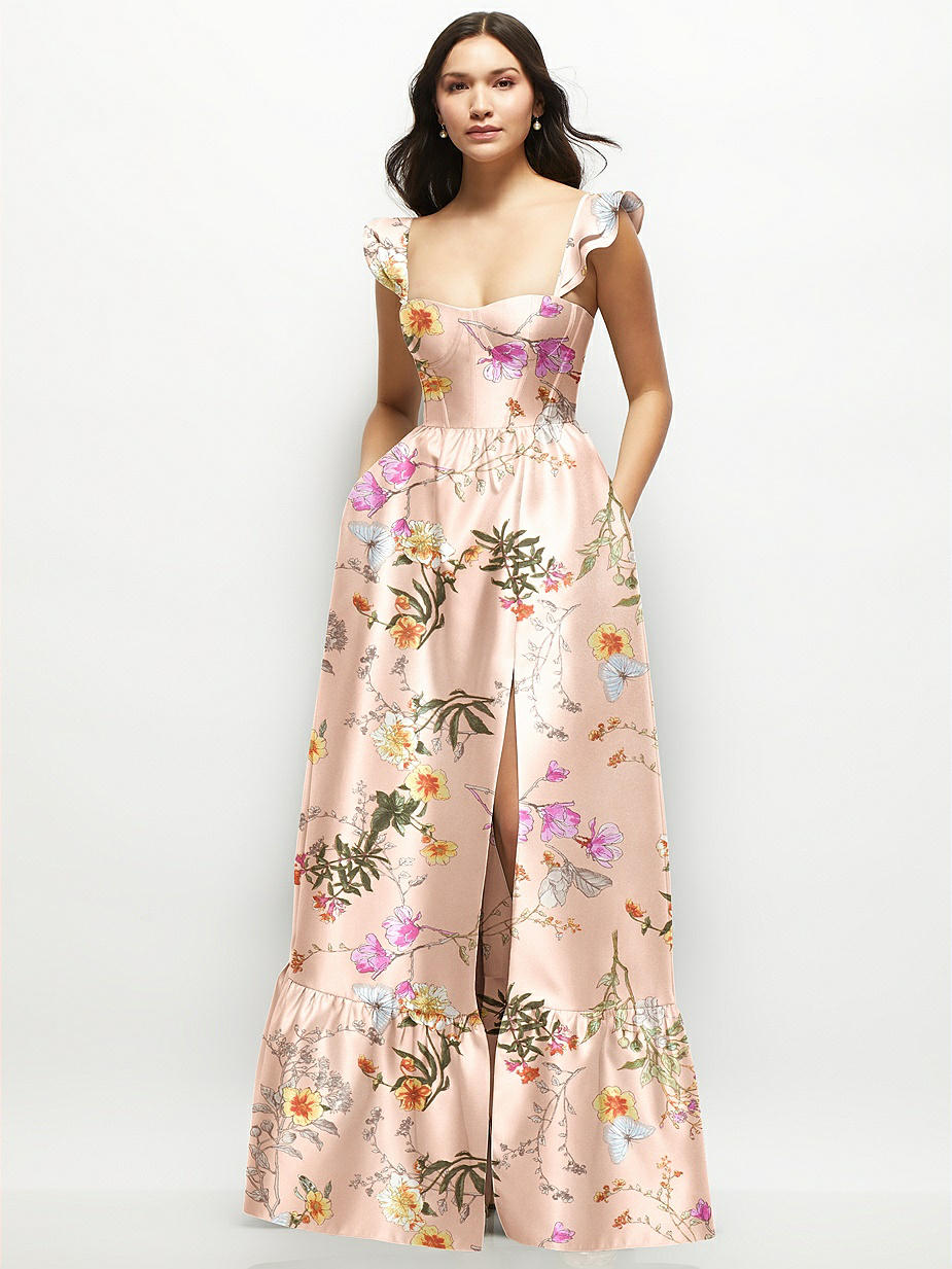 printed ruffle georgette bridesmaid dress Sweet Floral Print Short Puffy Sleeve Ruffle Tulle Wedding Guest Dresses
