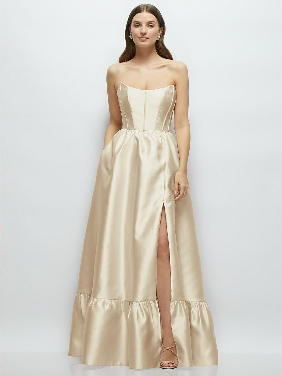 dessy champagne bridesmaid dresses Satin Bridesmaid Dress Prom Dress Champagne L Billie Champagne by Grace Loves Lace main image 0
