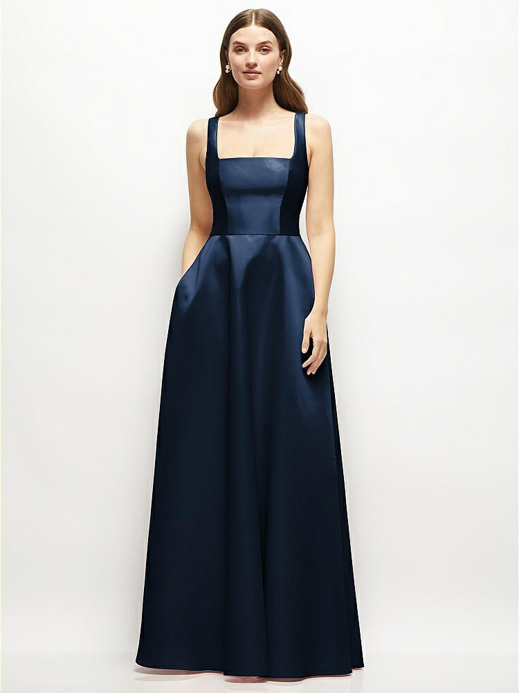 Square-Neck Satin Maxi Dress with Full Skirt in  Midnight Navy