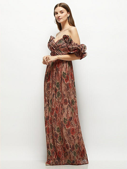 Dramatic Ruffle Edge Strap Fall Foral pleated Metallic Maxi Dramatic Ruffle Edge Strap Fall Foral pleated Metallic Maxi