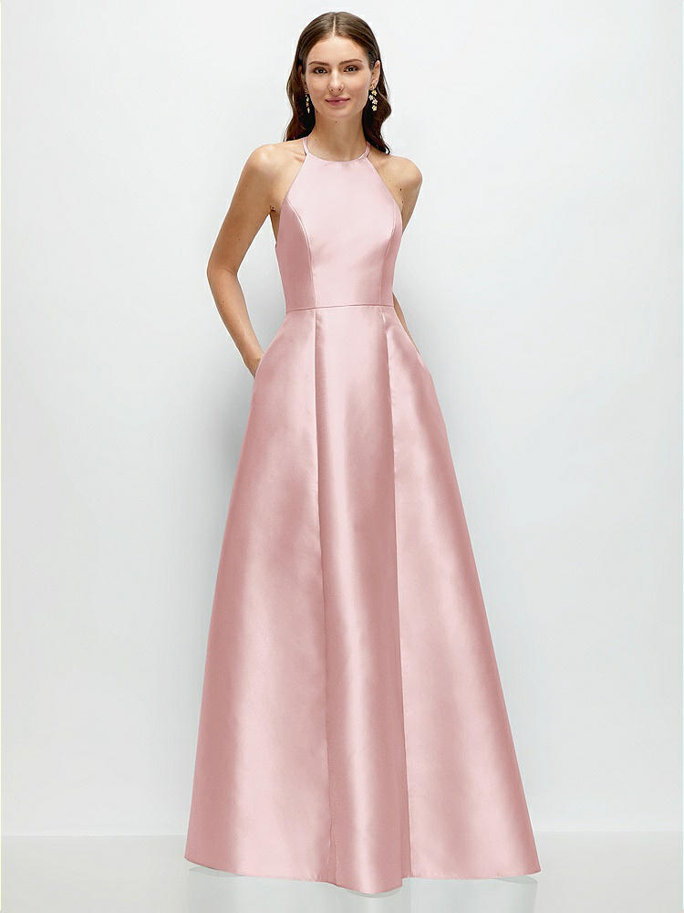 Jewel Neck Halter Full A-Line Satin Maxi Dress in  Ballet Pink