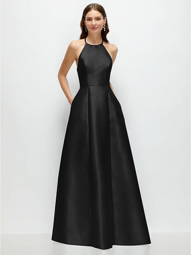 Jewel Neck Halter Full A-Line Satin Maxi Dress in  Black
