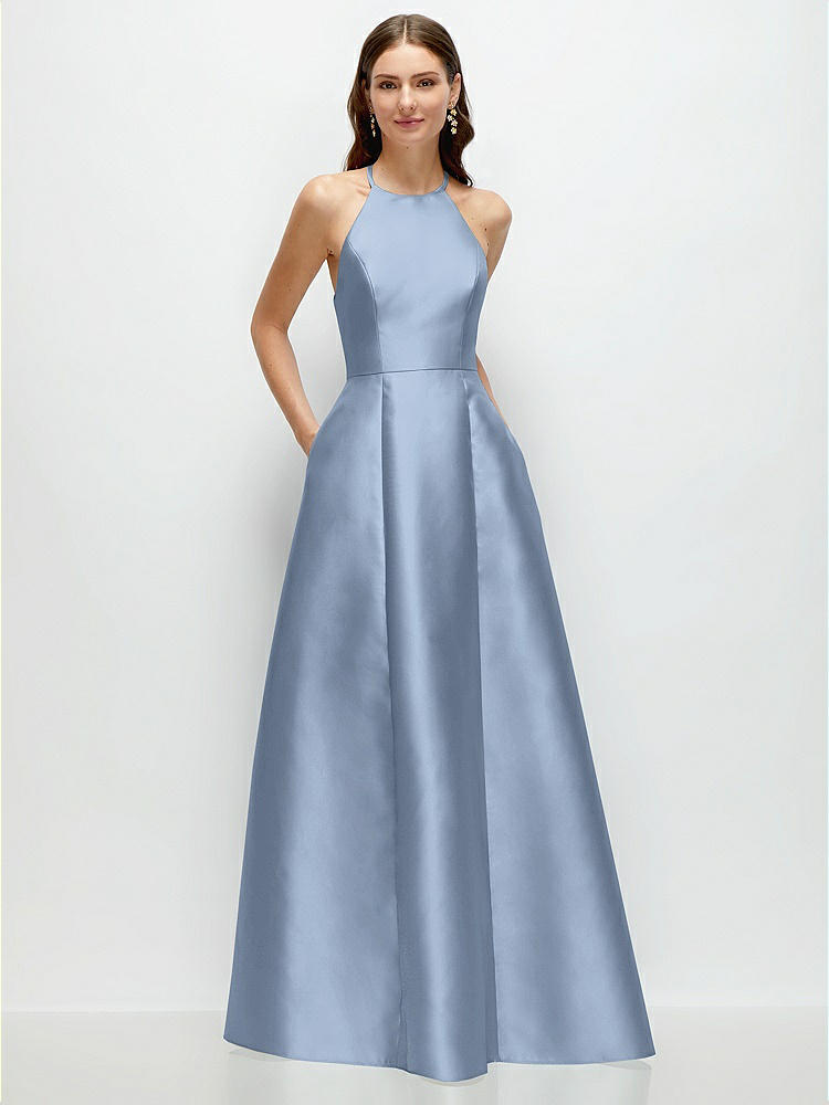 Jewel Neck Halter Full A-Line Satin Maxi Dress in  Cloudy