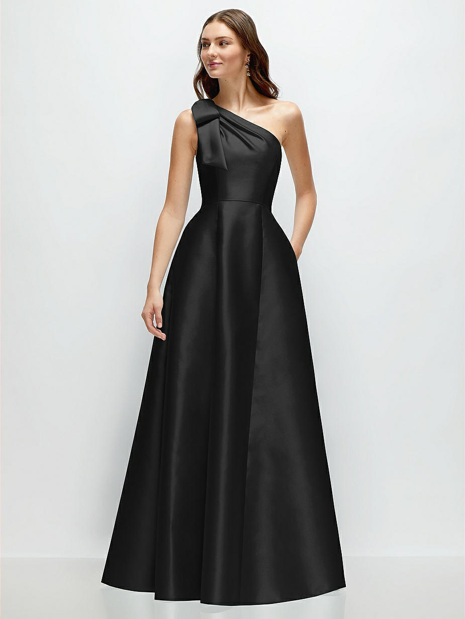 alfred sung boat-neck a-line dress Bateau Neck Satin Column Maxi Bridesmaid Dress With Exaggerated Tail Bow Straps In Mist