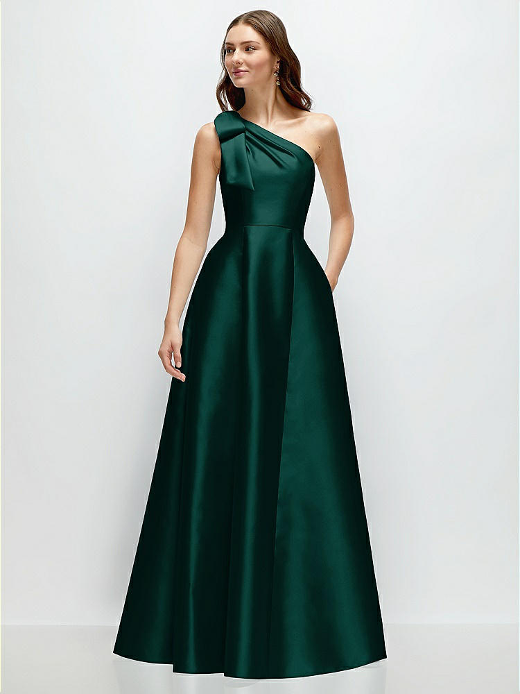 Bow One-Shoulder Full A-Line Satin Maxi Dress in  Evergreen