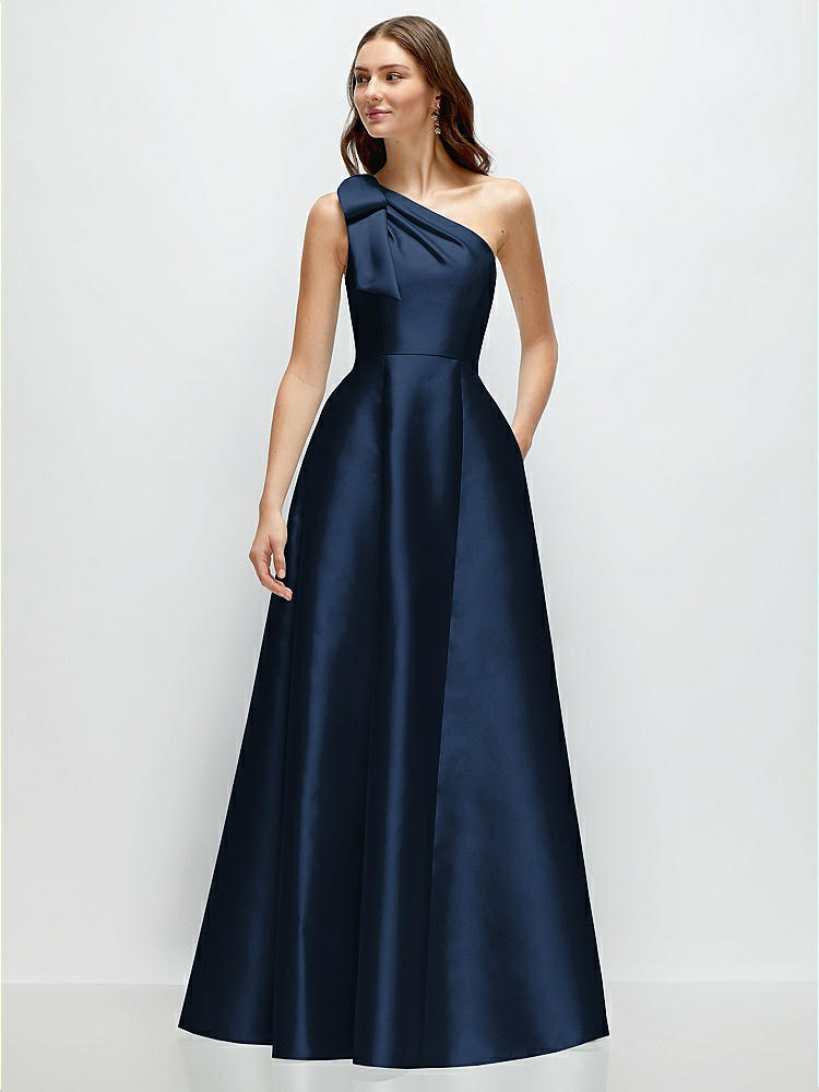 Bow One-Shoulder Full A-Line Satin Maxi Dress in  Midnight Navy