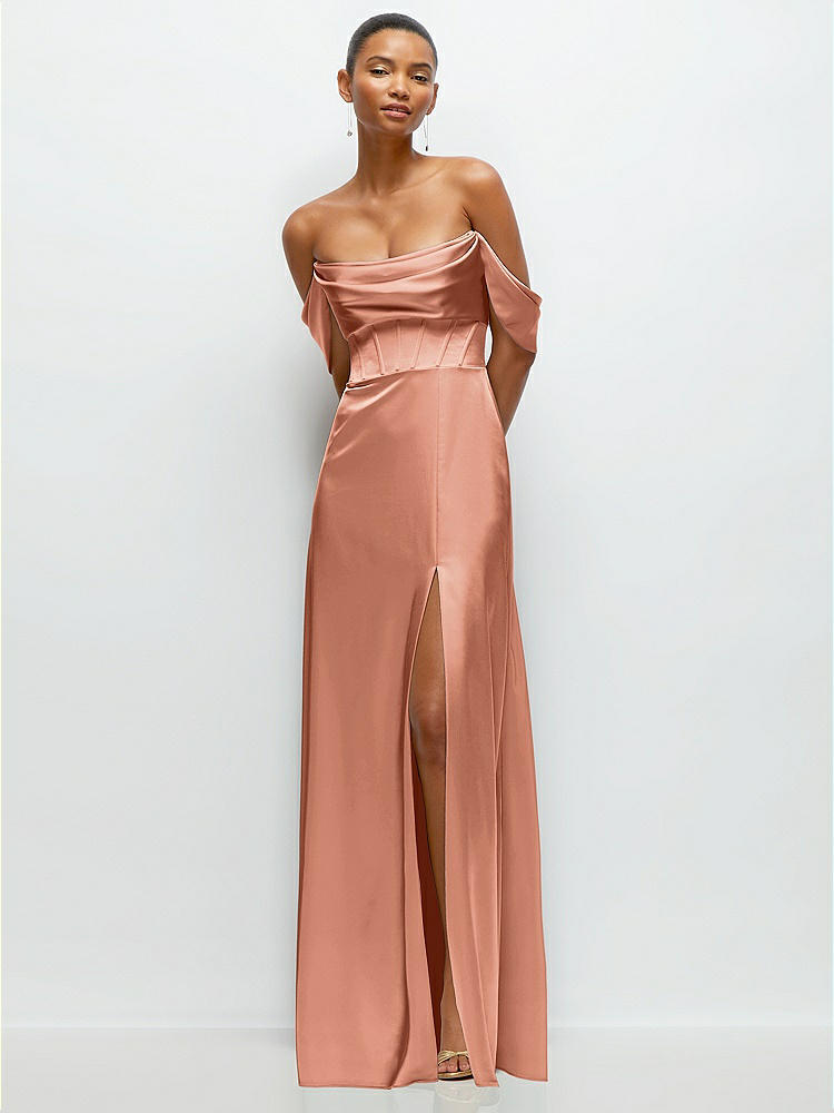 A-Line Satin Maxi Dress with Convertible Off-the-Shoulder or Strapless Looks  in  Copper Penny
