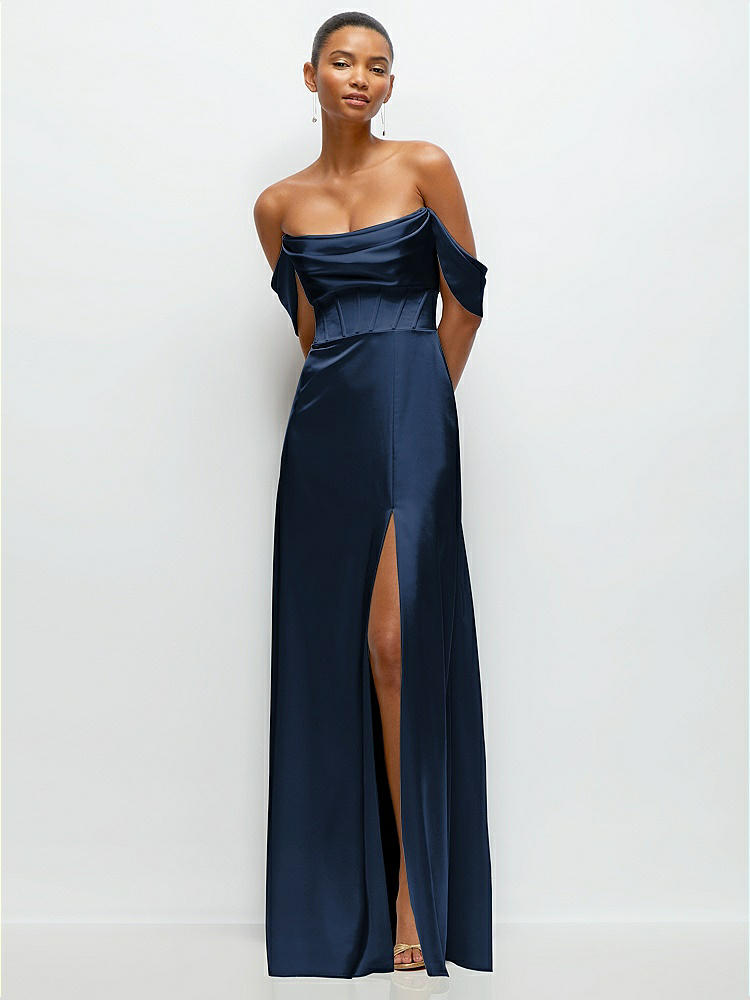 A-Line Satin Maxi Dress with Convertible Off-the-Shoulder or Strapless Looks  in  Midnight Navy