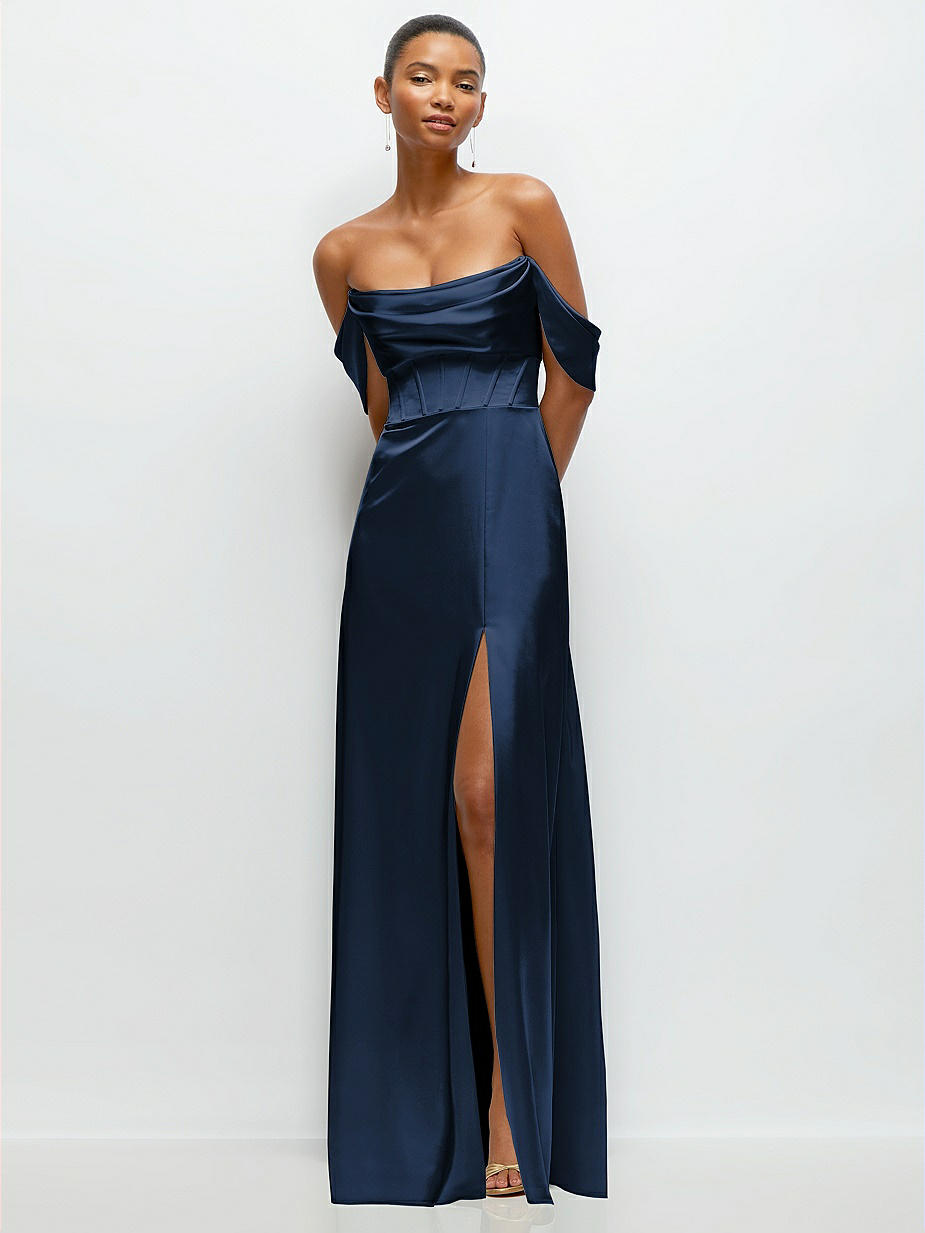 chinese dress ladies Edel Navy Satin Strapless Maxi Dress With Drape – Club L London