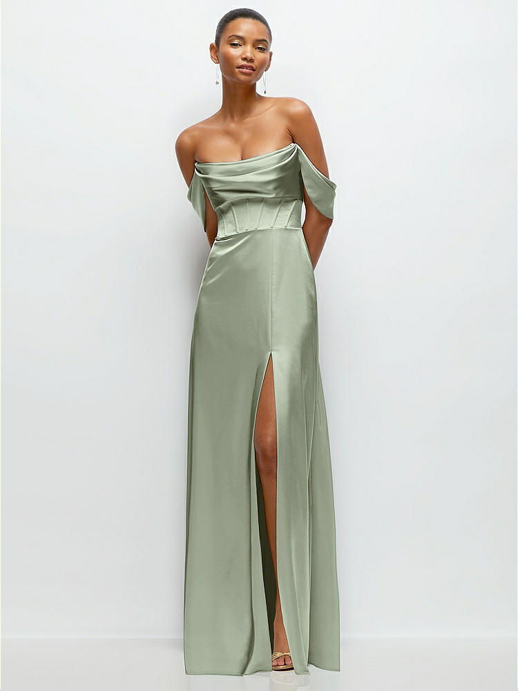 A-Line Satin Maxi Dress with Convertible Off-the-Shoulder or Strapless Looks  in  Sage