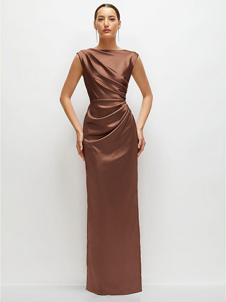 High Neck Sleeveless Cap Shoulder Satin Maxi Dress in  Cognac