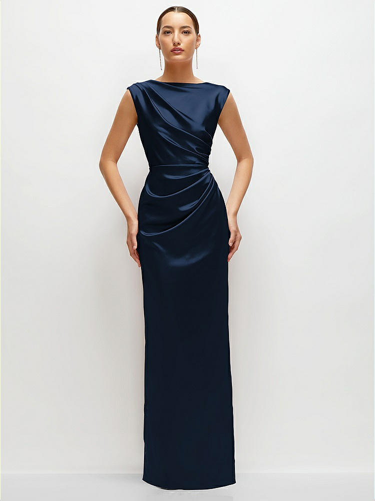 High Neck Sleeveless Cap Shoulder Satin Maxi Dress in  Midnight Navy
