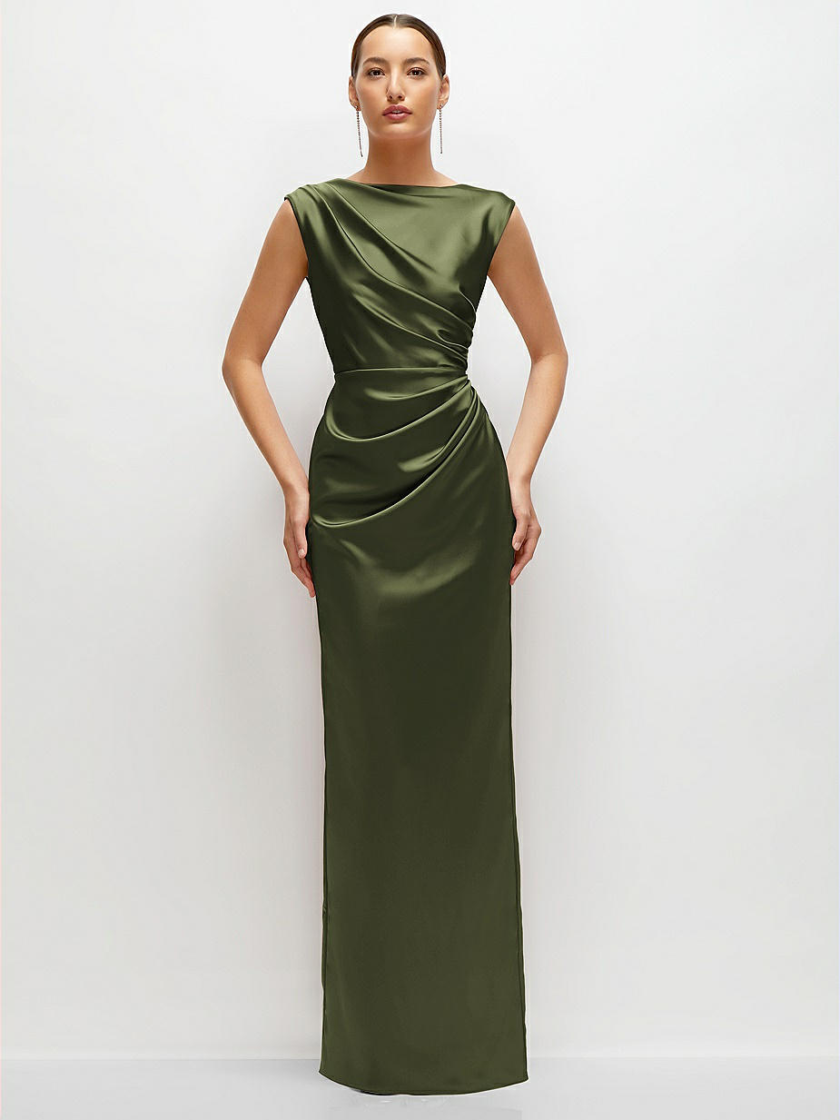 high neck olive green dress Olive Green Formal Dress Tea-Length High Neck Sleeveless Stretch Satin  Formal Dresses main image 0