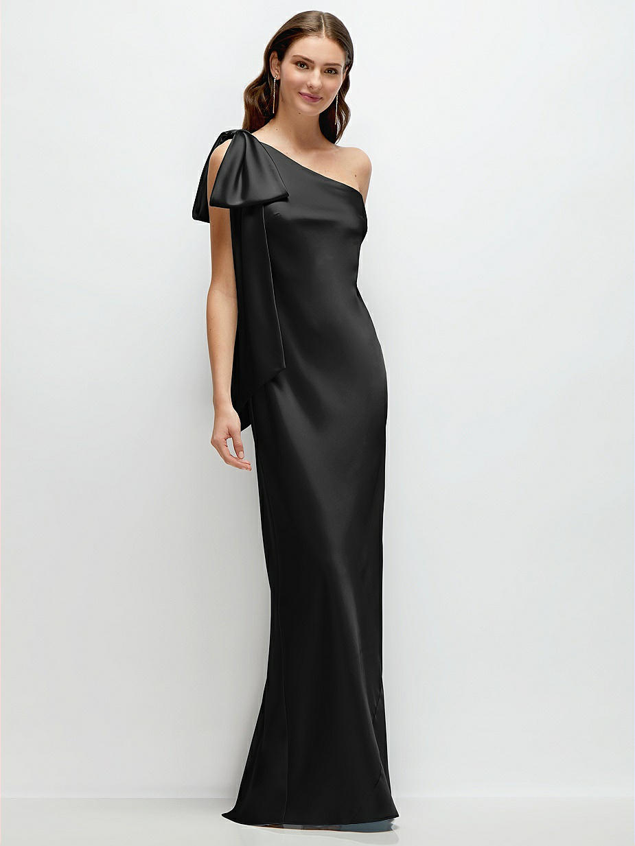 black satin one shoulder bridesmaid dress Black Satin Bridesmaid Dresses Long One Shoulder Black / 14