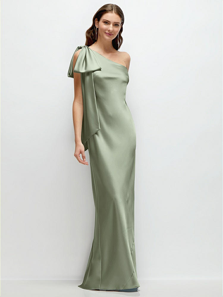 One-Shoulder Bias-Cut Satin Maxi Dress with Cascading Shoulder Bow in  Sage