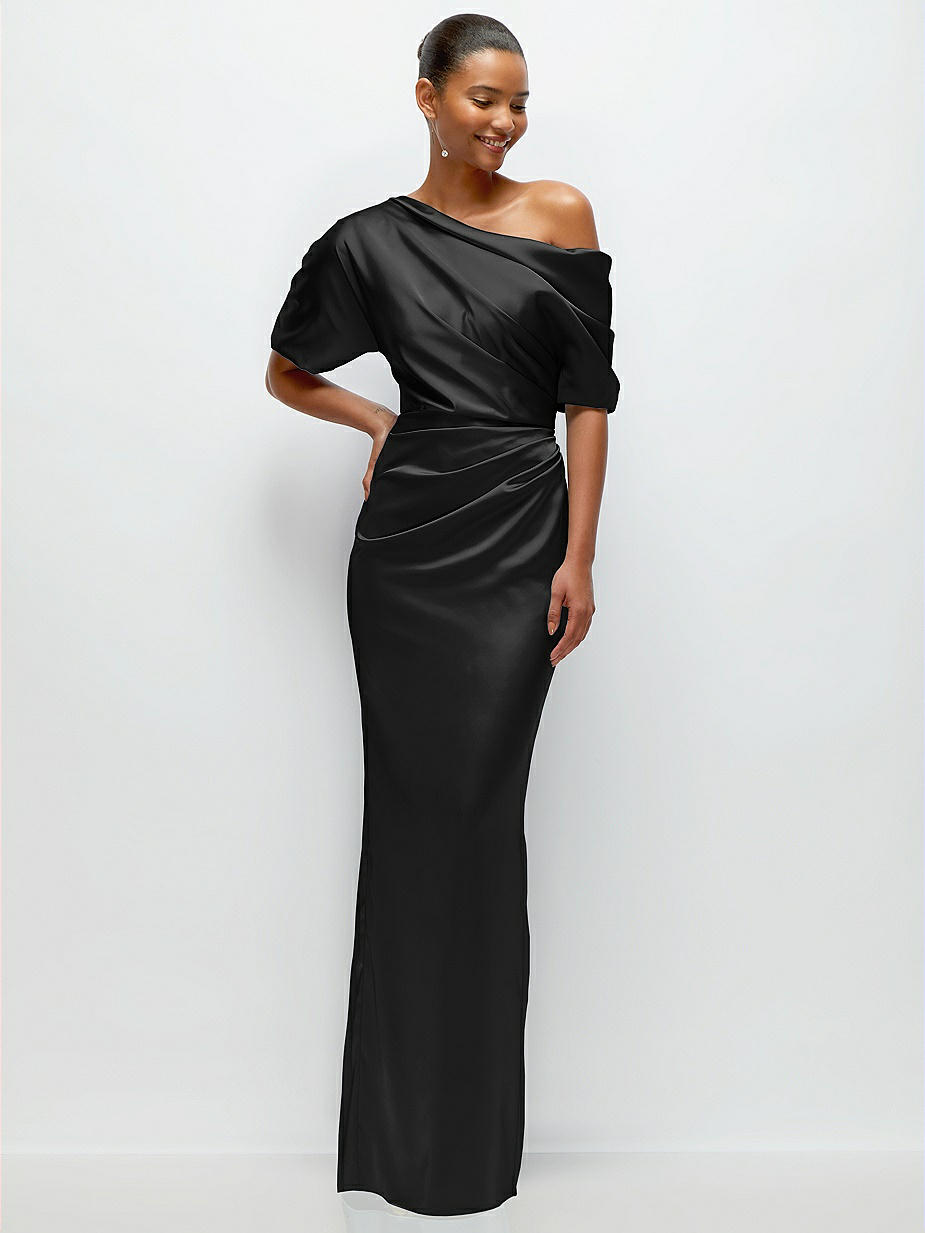 black woven asymmetric pleated maxi dress Daphne - One Shoulder Pleated Asymmetrical Woven Dress main image 1