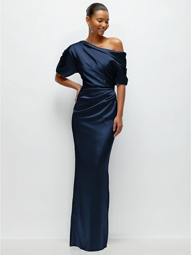 Asymmetrical Off-the-Shoulder Pleated Satin Maxi Dress in  Midnight Navy