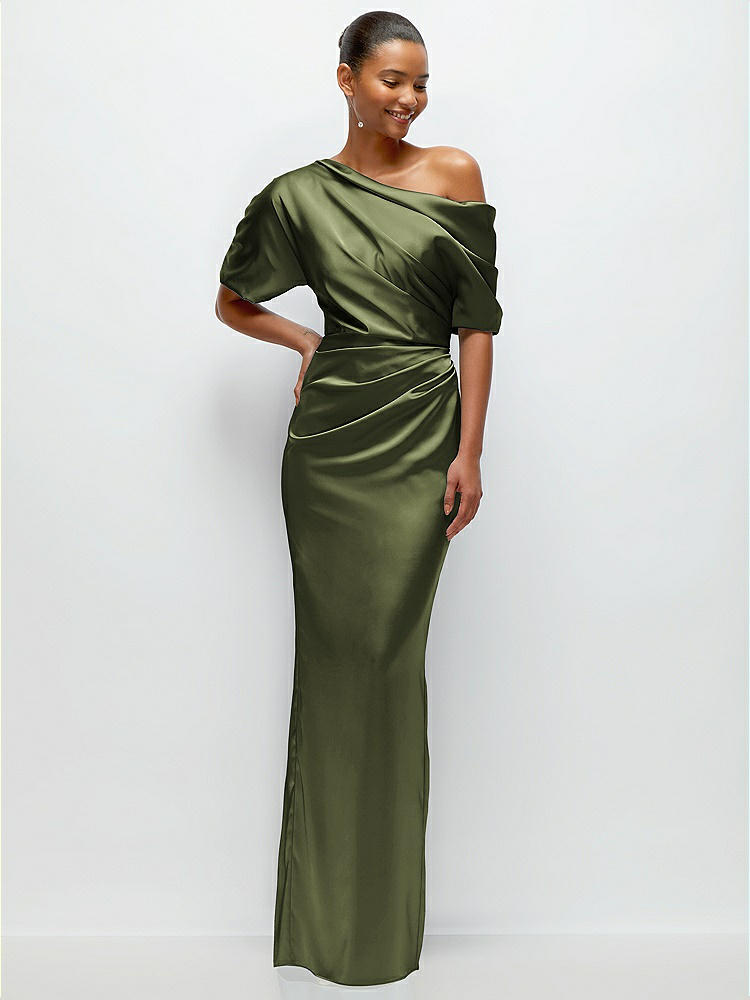 Asymmetrical Off-the-Shoulder Pleated Satin Maxi Dress in  Olive Green