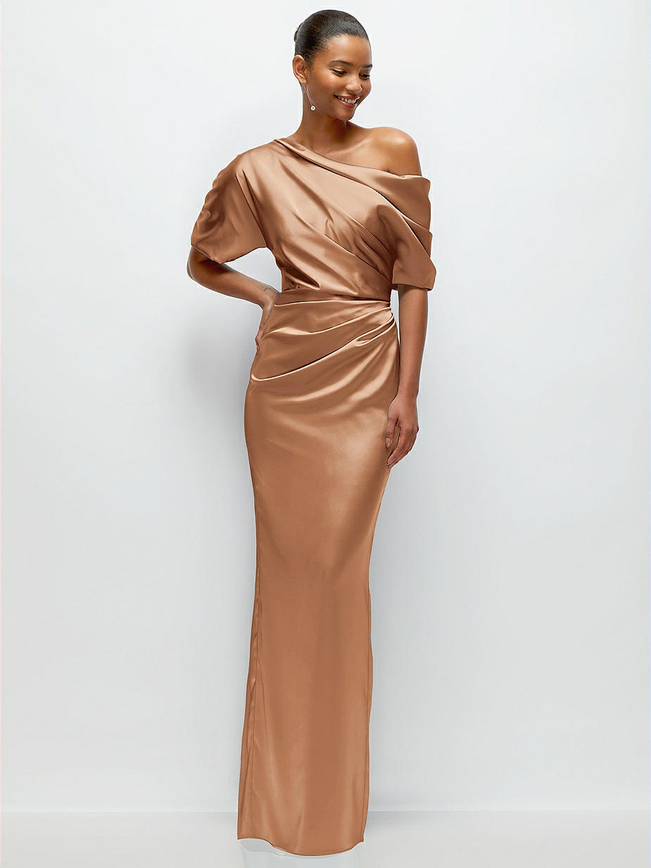 brown bridesmaid dresses with sleeves Hanna Elegant V Neck Ruched Long Sleeves Chiffon Bridesmaid Dresses, Burnt Orange main image 1
