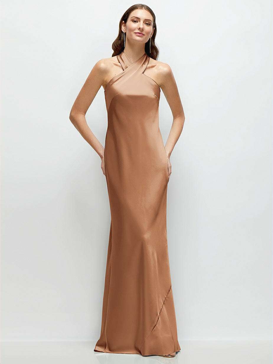 beth dutton brown polka dot dress Vintage Brown Halter Neck Sheath Chiffon Long Prom Dress Party Dress D –  DSProm main image 0