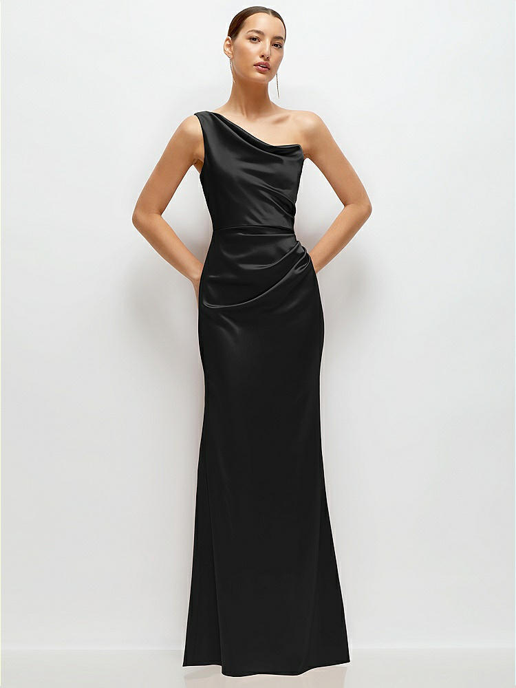 One-Shoulder Cat-Eye Neckline Fit and Flare Satin Maxi Dress in  Black