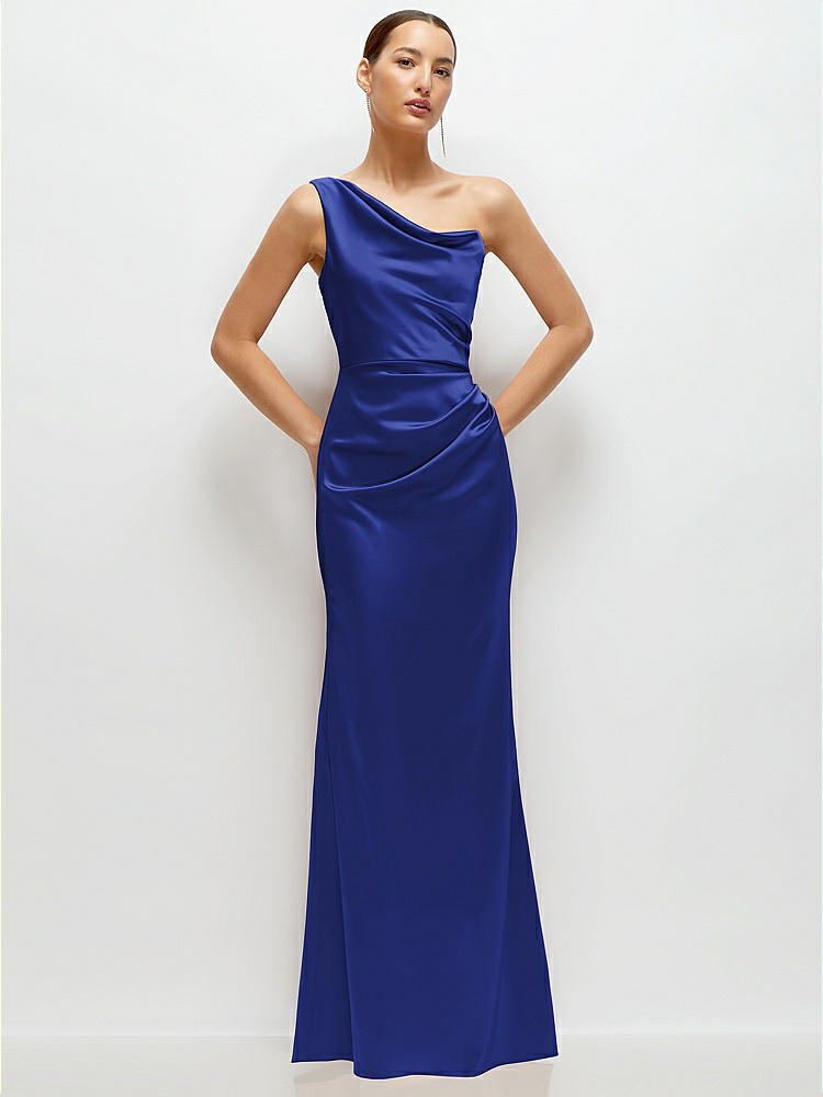 One-Shoulder Cat-Eye Neckline Fit and Flare Satin Maxi Dress in  Cobalt Blue