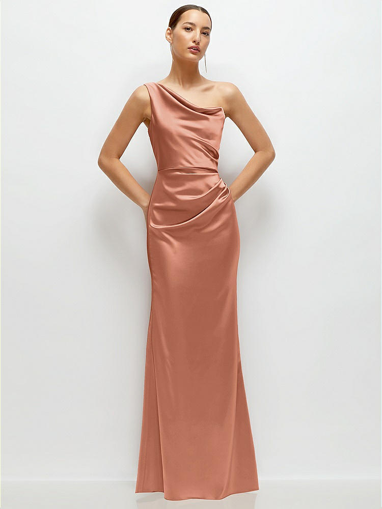 One-Shoulder Cat-Eye Neckline Fit and Flare Satin Maxi Dress in  Copper Penny