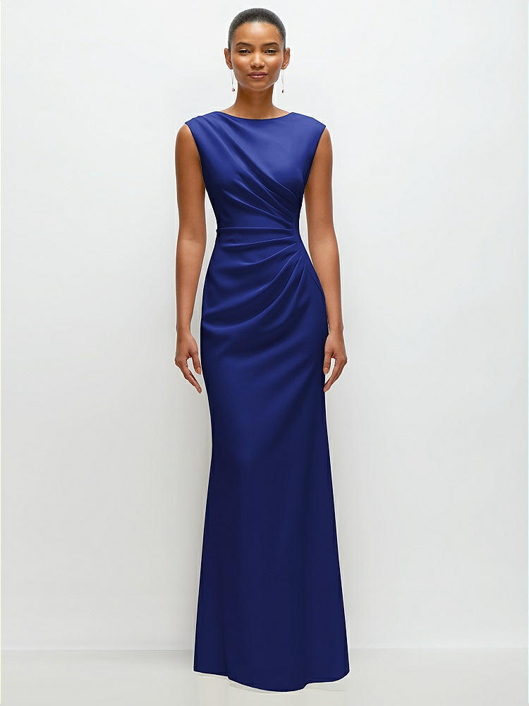 Sleeveless Cap Shoulder Crepe Maxi Dress with Trumpet Skirt in  Cobalt Blue