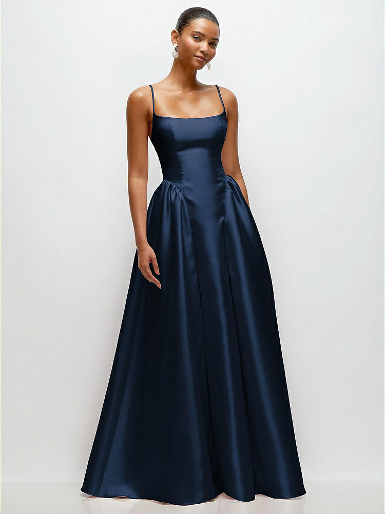 Scoop Neck Drop Basque Skirt Satin Maxi Dress with Pockets in  Midnight Navy