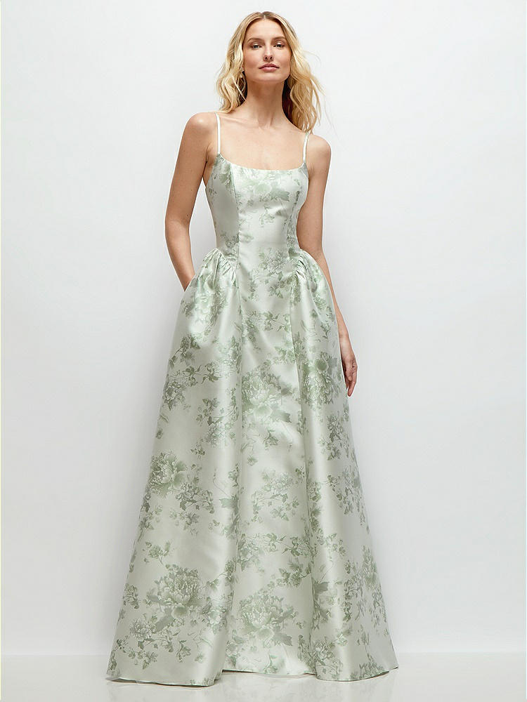 Scoop Neck Drop Basque Skirt Floral Satin Maxi Dress with Pockets in  Sage Cottage Rose