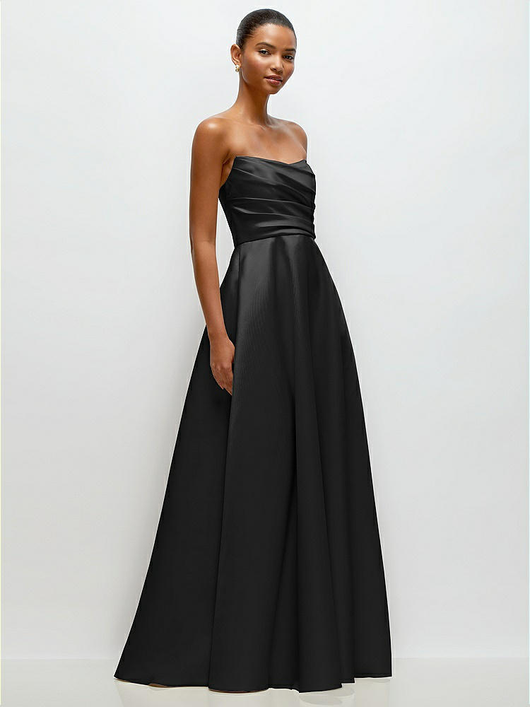 Strapless Draped Cat-Eye Satin Maxi Dress with Full Skirt in  Black