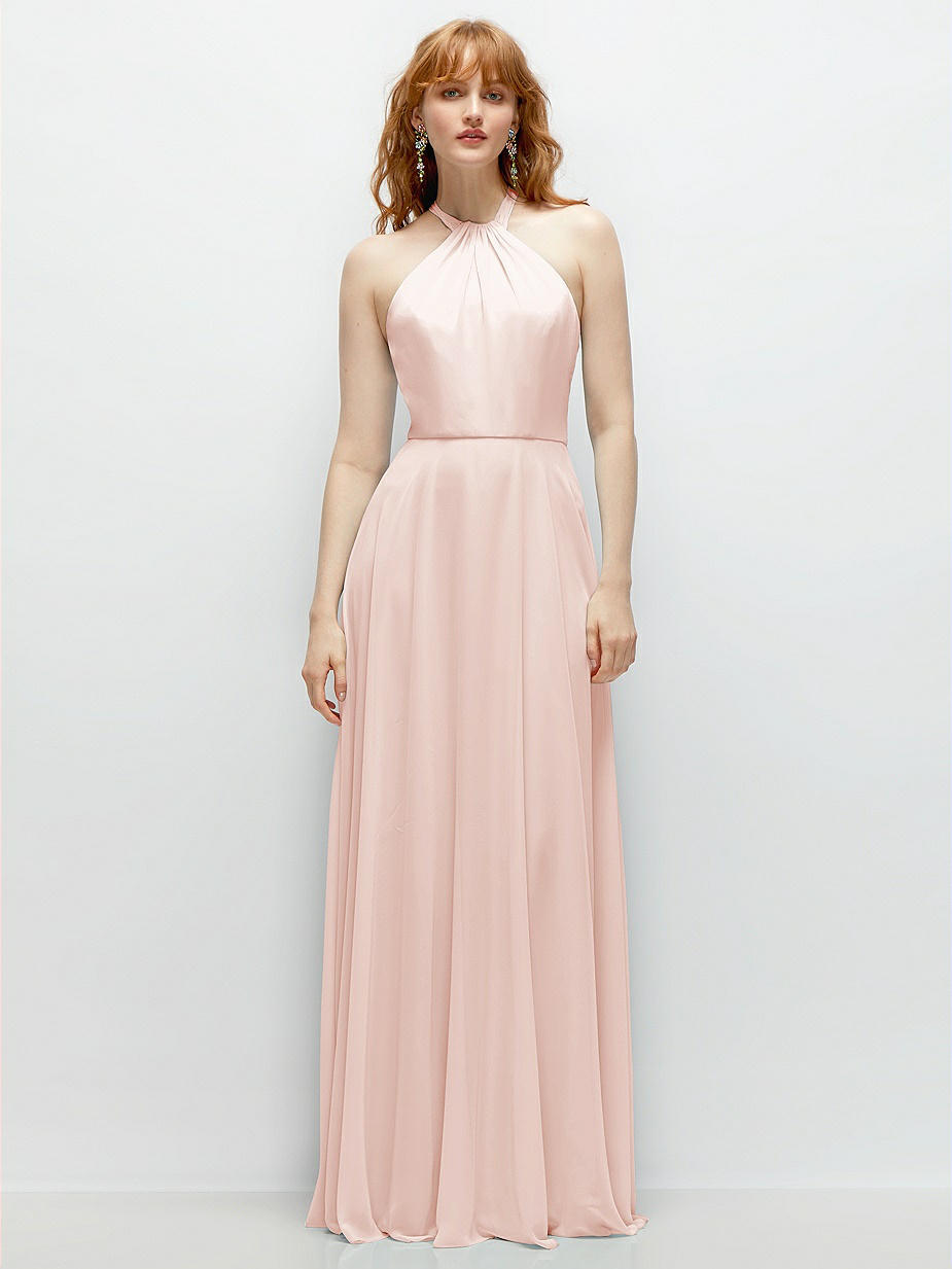 slim fit dress slacks BABARONI Halter Chiffon Long Dresses for Bridesmaids-Peach, Peach / US0