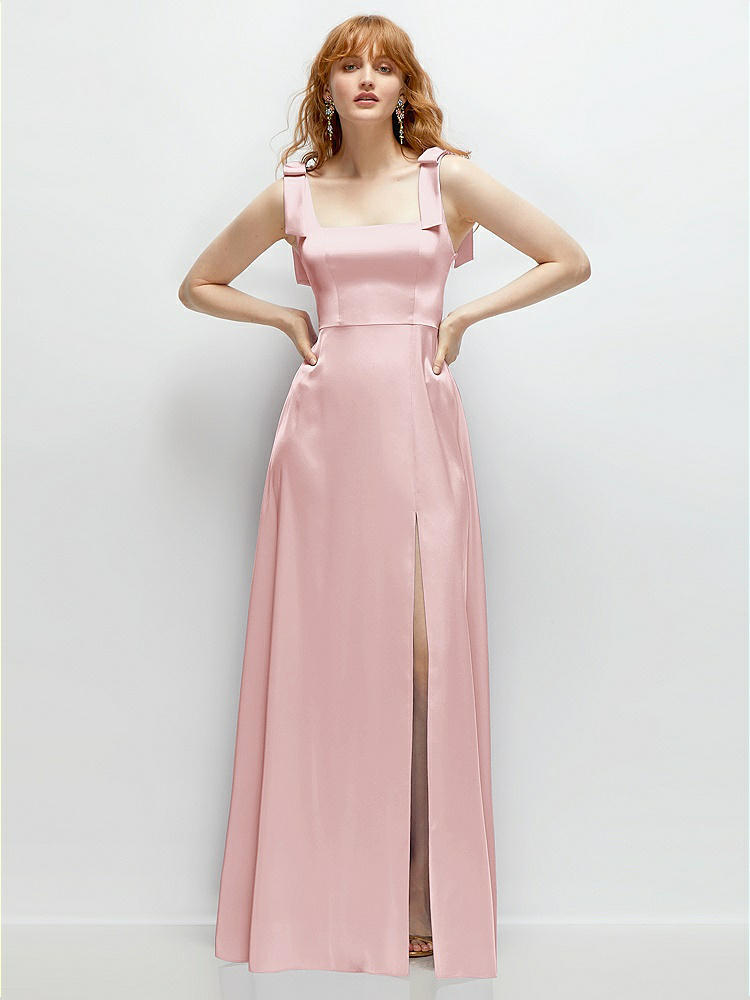 Square Neck Fluid Satin Maxi Dress with Bow Straps  in  Ballet Pink