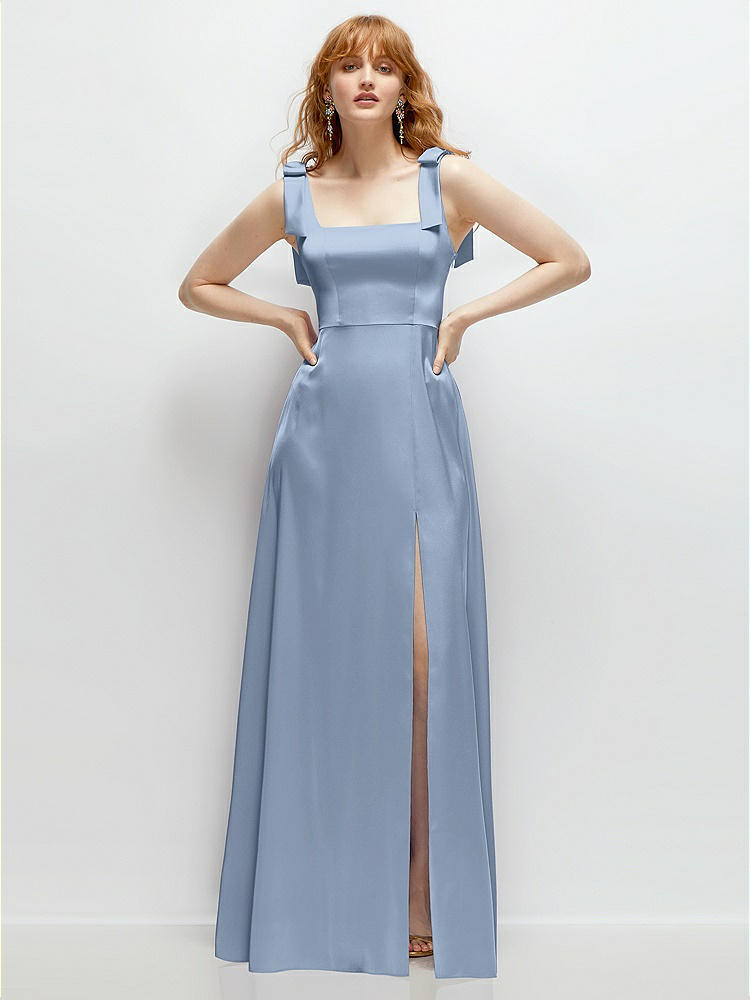 Square Neck Fluid Satin Maxi Dress with Bow Straps  in  Cloudy